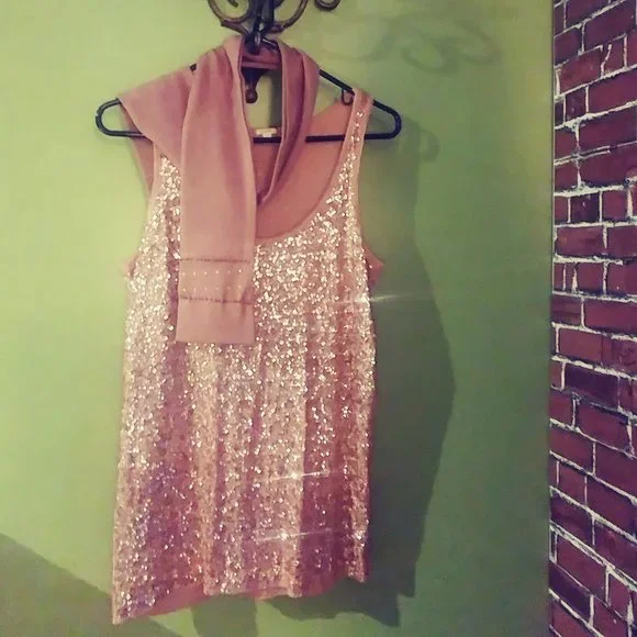 J.Crew Fleshtoned Sequined Tank Sz M (&BONUS handmade scarf/neck wrap to match!) - Picture 3 of 7